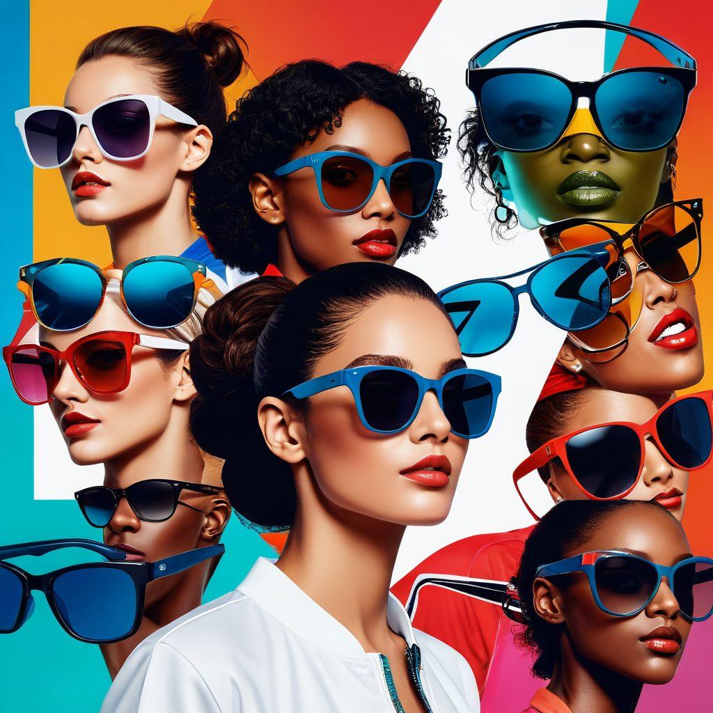 A stylish array of eyewear displayed on a vibrant sports-themed backdrop, showcasing a mix of fashionable glasses, sporty sunglasses, and affordable frames. Include diverse models trying on different pairs, emphasizing comfort and style for various activities—running, cycling, and casual outings. Bright colors and dynamic poses to convey action and choice. vector art. vibrant colors. white background.