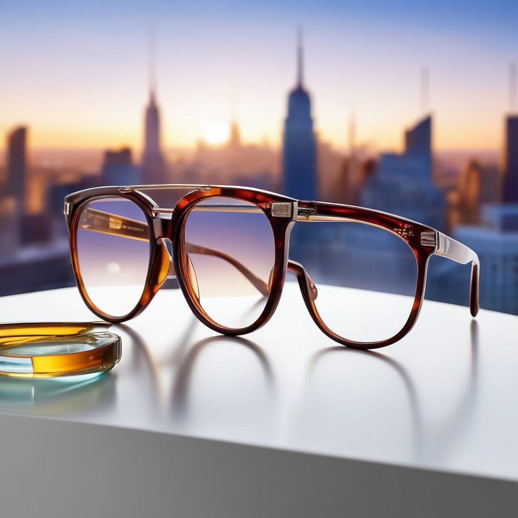 A stylish and modern display of various eyewear including trendy sunglasses and elegant glasses, with an eye care theme featuring essential tools like eye drops and a stylish case. The background showcases a vibrant cityscape blurred to emphasize the eyewear in focus. Include a subtle glow around the products to convey vision enhancement. super-realistic. vibrant colors. white background.